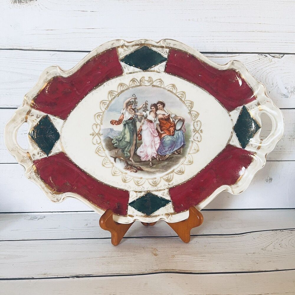 Royal Vienna Antique Porcelain Handled Oval Dish Drei Grazien Green Shield Mark